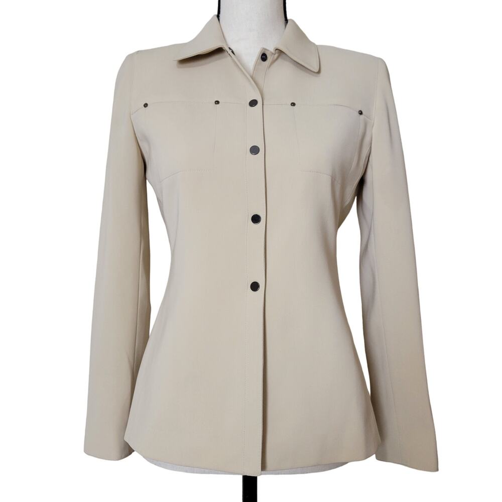 Tahari Arthur Levin 2Petite Blazer Jacket Snap Front Long Sleeve Lined Beige
